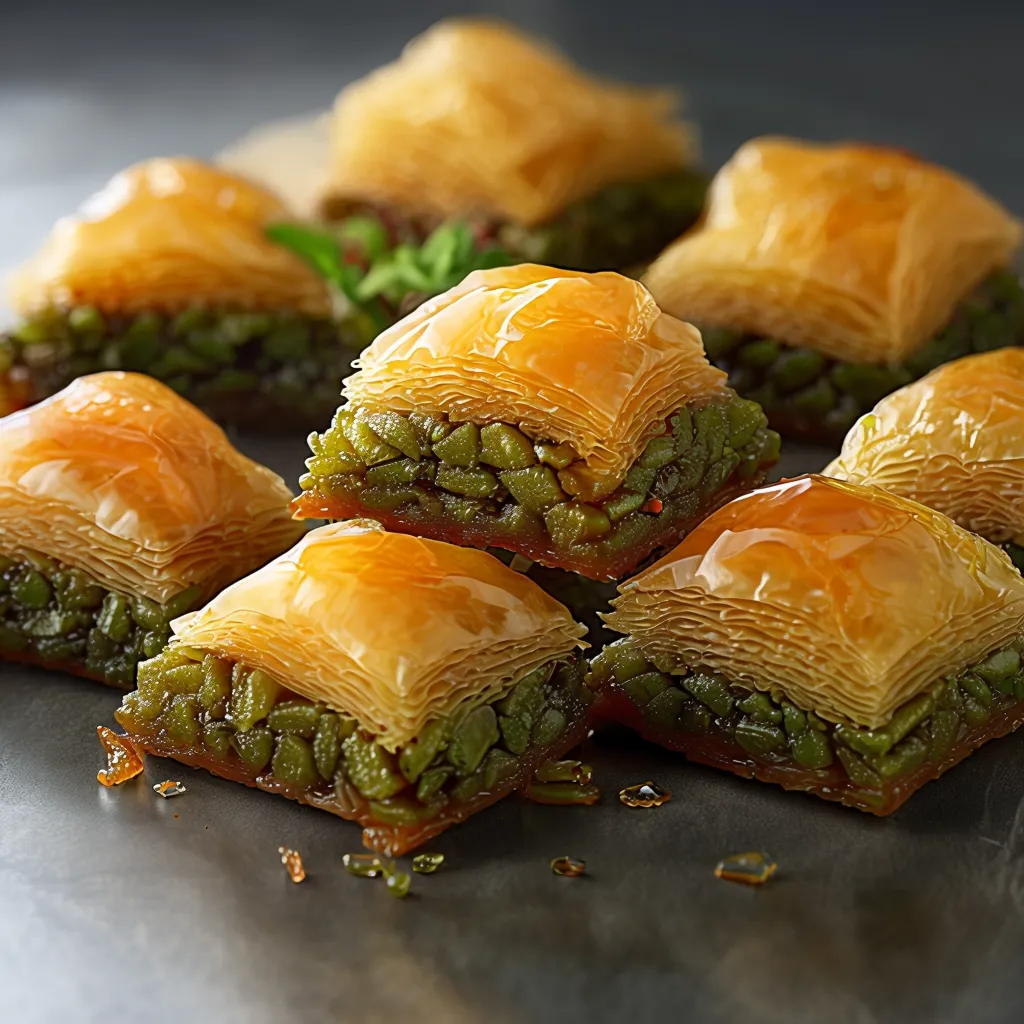 A close-up of a delicious assortment of baklava, showcasing its golden layers and rich, nutty filling.