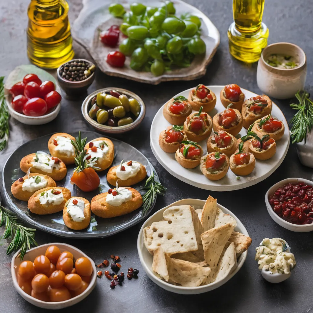 A beautifully arranged table featuring a variety of Mediterranean appetizers and snacks, showcasing vibrant colors and textures.