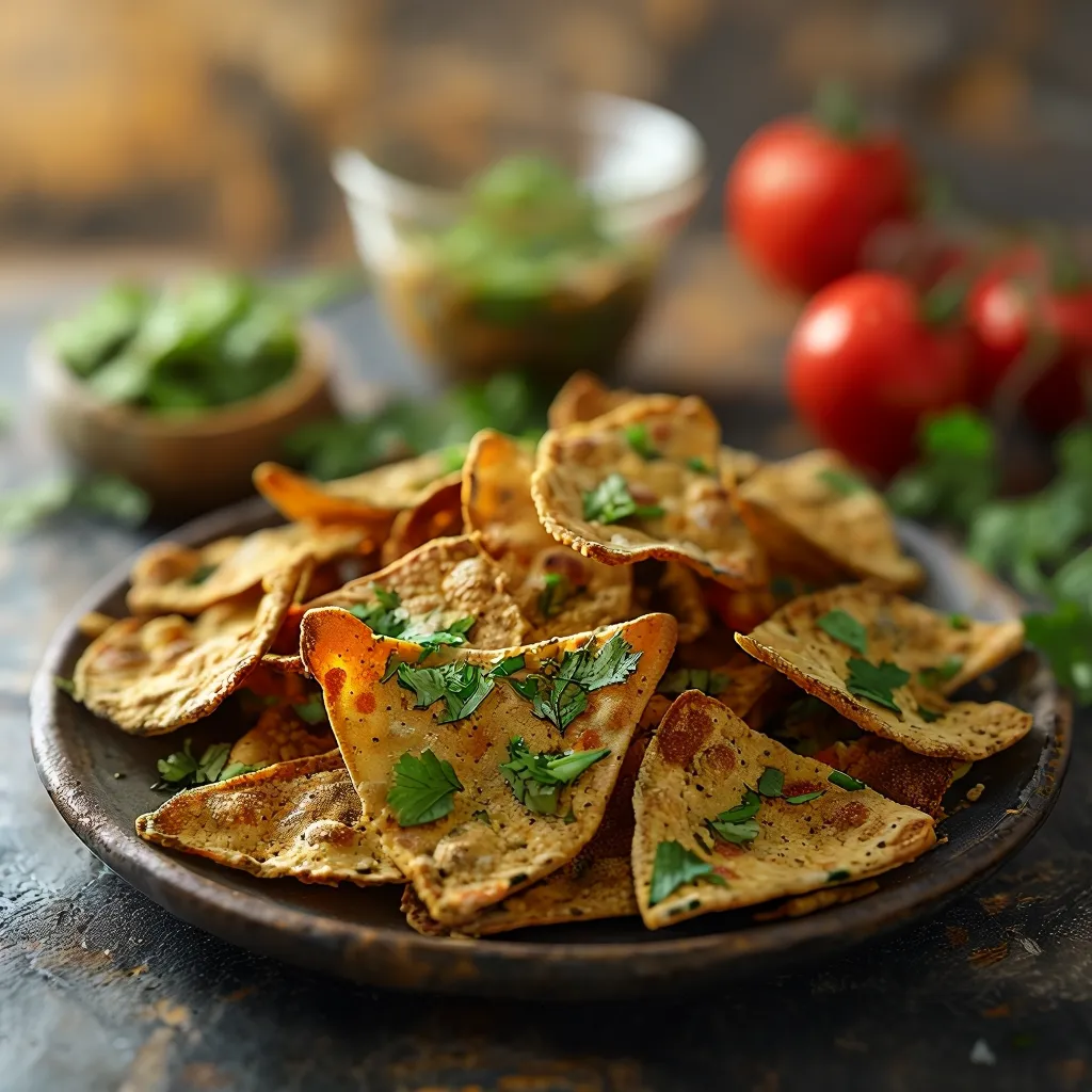 A close-up of crispy, golden-brown pita chips arranged on a wooden surface, showcasing their crunchy texture and inviting appearance, perfect for dipping