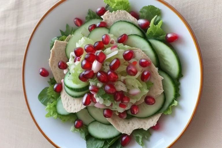 A colorful Fattoush salad featuring chopped cucumbers, tomatoes, radishes, and fresh herbs, topped with crispy pita chips and drizzled with a zesty dressing.