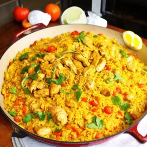 A large pan of Paella Valenciana featuring vibrant yellow rice and succulent pieces of chicken.