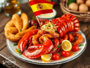 A Spanish lobster adorned with the Spanish flag, showcasing vibrant colors and cultural pride in a culinary presentation