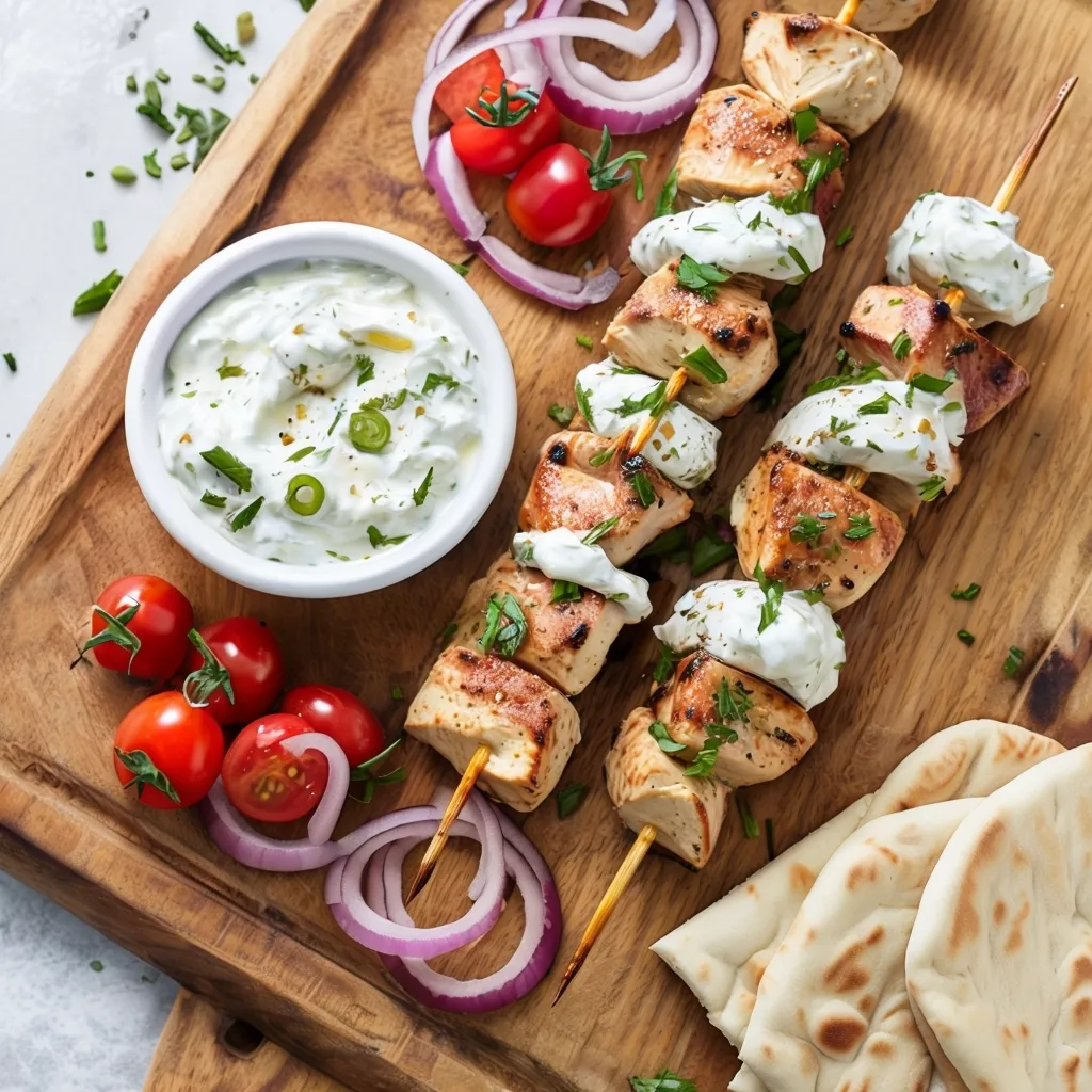 image_of_chicken_souvlaki_skewers_served_on_a_wooden_board_The_skewers_should_be_accompanied_by_tzatziki_sauce_pita_bread_cherry_tomatoes_and_red_onion_slices_for_garnish