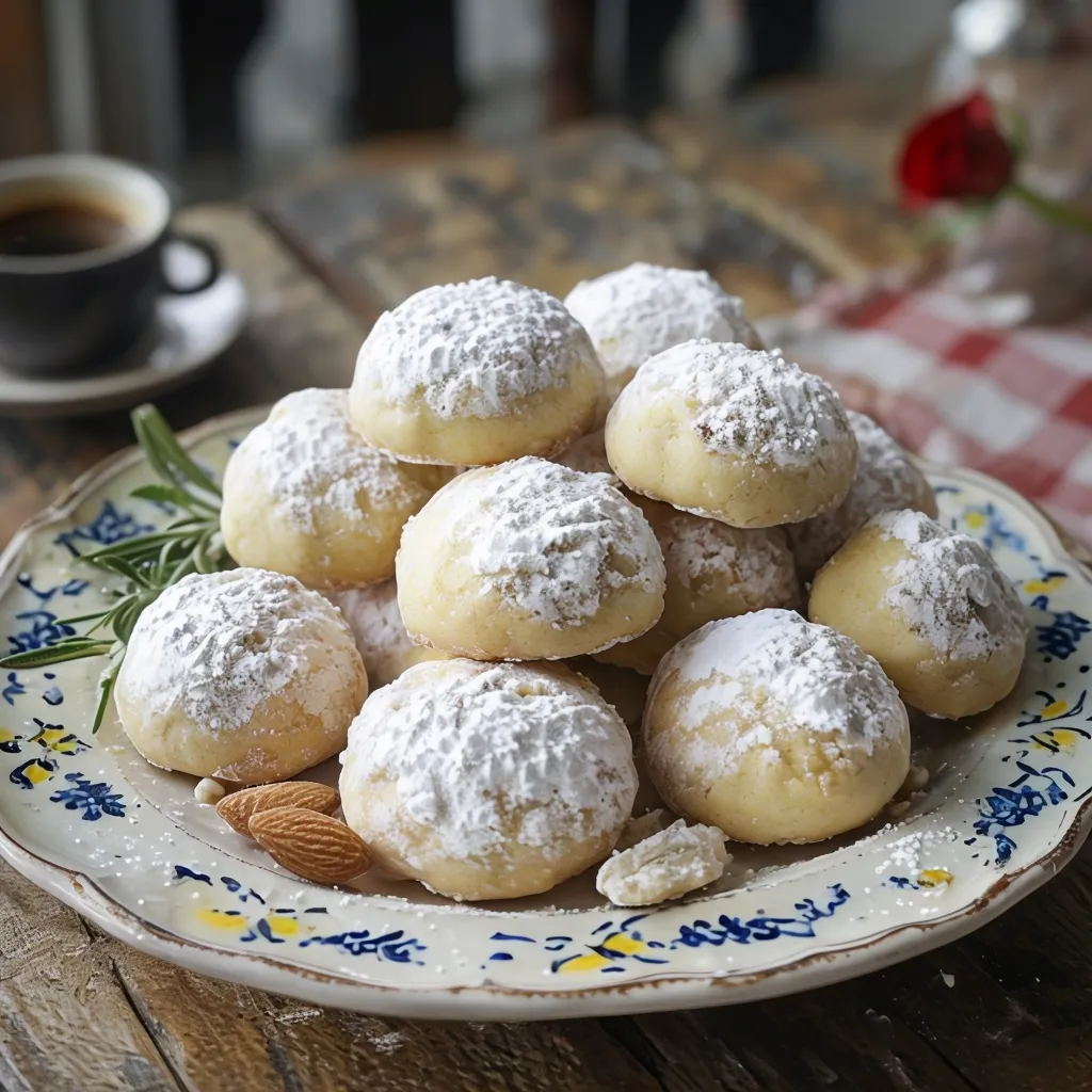 A close-up photograph of a plate of Italian wedding cookies. The cookies are small, round, and covered in a thick layer of powdered sugar, giving them a snow-white appearance. Some cookies are stacked, while others are scattered on an ornate, vintage Italian ceramic plate with blue and yellow floral patterns. The plate is placed on a rustic wooden table with a red and white checkered tablecloth visible in the background. A small sprig of fresh rosemary and a few whole almonds are artfully arranged next to the cookies for decoration. Soft, natural lighting comes from the left side, creating gentle shadows and highlighting the texture of the powdered sugar. In the blurred background, you can see a partial view of an espresso cup and a small vase with a single red rose, suggesting a romantic Italian setting.