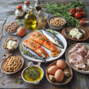 Mediterranean_kitchen_table_with_protein_sources_like_grilled_fish_salmon_sardines_legumes_chickpeas_beans_nuts_seeds_feta_cheese_eggs_and_lean_chicken_Add_olive_oil_herbs_and_fresh_vegetables_for_a_rustic_coastal_feel_with_natural_light_and_e