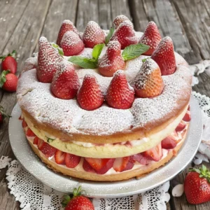 vibrant and enticing image of a beautifully decorated Spanish Strawberry Cake sitting on a rustic wooden table. The cake should be layered, showcasing its fluffy texture, and filled with fresh strawberries. It is lightly dusted with powdered sugar, and garnished with whole strawberries and mint leaves on top.