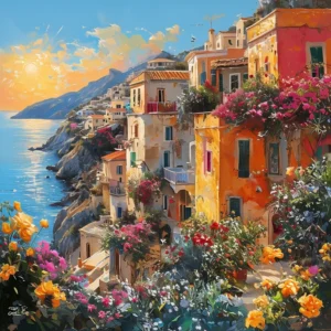 A sunlit Mediterranean coastal village, featuring colorful buildings and vibrant flowers. Warm hues illuminate the tranquil scene.