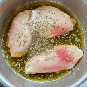 Add chicken breasts to the marinade in a large bowl, whisk together olive oil, minced garlic, oregano, salt, and pepper.